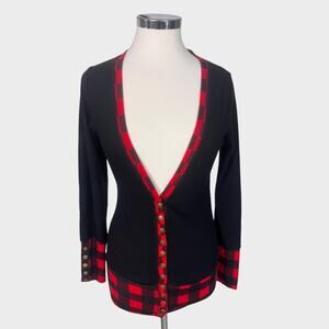 Hawthorne XS Black Red V Neck Snap Front Cardigan Acrylic Cotton Blend